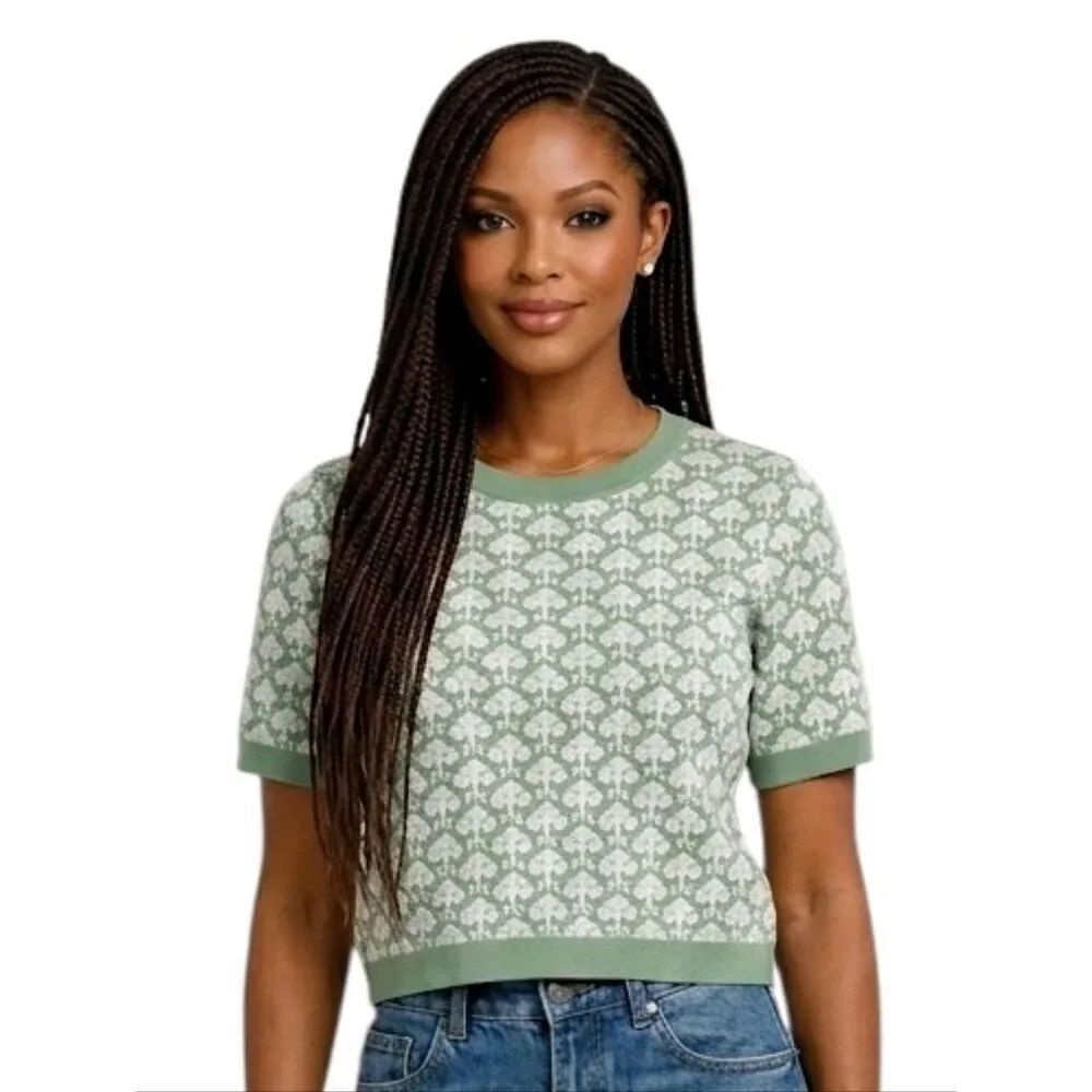 Adrianna Papell Green Jacquard Floral Pattern Short Sleeve Sweater Size XL